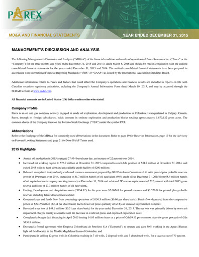 Thumbnail Parex Resources Financial Statement 2015