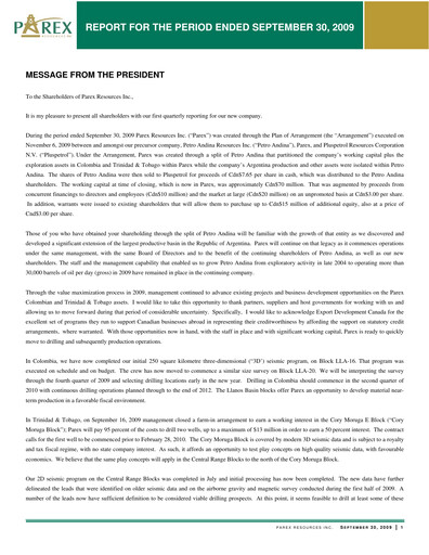 Thumbnail Parex Resources Quarterly Report 2009-q3