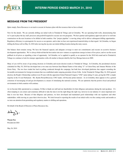 Thumbnail Parex Resources Quarterly Report 2010-q1