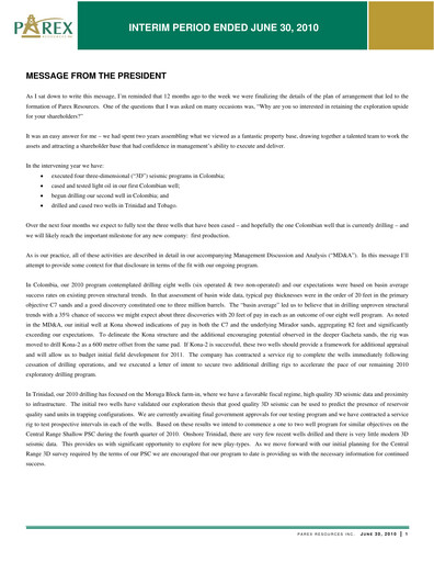 Thumbnail Parex Resources Quarterly Report 2010-q2