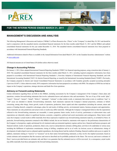 Thumbnail Parex Resources Quarterly Report 2011-q1