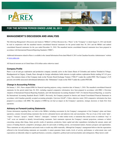 Thumbnail Parex Resources Quarterly Report 2011-q2