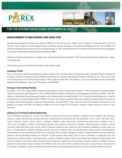 Thumbnail Parex Resources Quarterly Report 2011-q3
