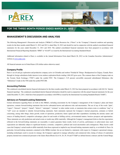 Thumbnail Parex Resources Quarterly Report 2012-q1