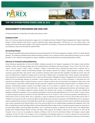 Thumbnail Parex Resources Quarterly Report 2012-q2
