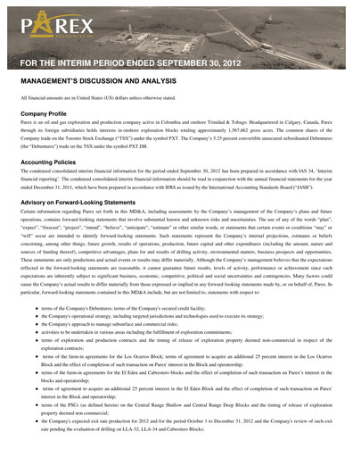 Thumbnail Parex Resources Quarterly Report 2012-q3