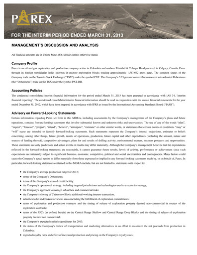 Thumbnail Parex Resources Quarterly Report 2013-q1