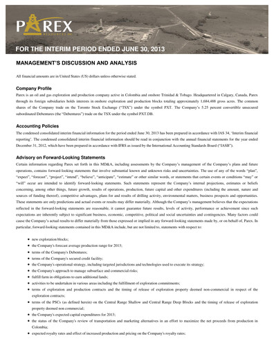 Thumbnail Parex Resources Quarterly Report 2013-q2