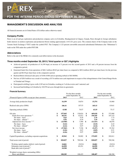 Thumbnail Parex Resources Quarterly Report 2013-q3