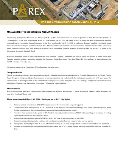 Thumbnail Parex Resources Quarterly Report 2014-q1
