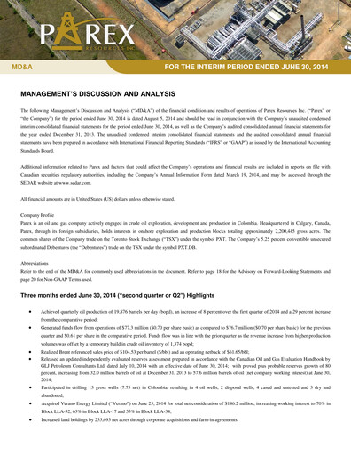 Thumbnail Parex Resources Quarterly Report 2014-q2