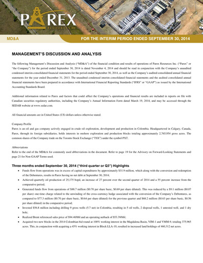 Thumbnail Parex Resources Quarterly Report 2014-q3
