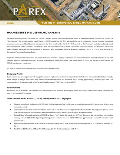 Thumbnail Parex Resources Quarterly Report 2015-q1