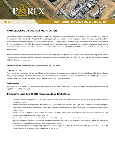 Thumbnail Parex Resources Quarterly Report 2015-q2