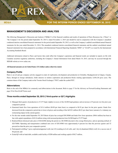 Thumbnail Parex Resources Quarterly Report 2015-q3