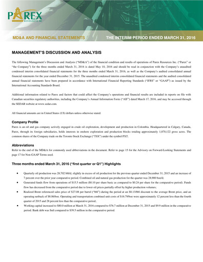 Thumbnail Parex Resources Quarterly Report 2016-q1