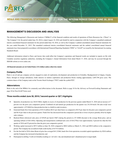 Thumbnail Parex Resources Quarterly Report 2016-q2