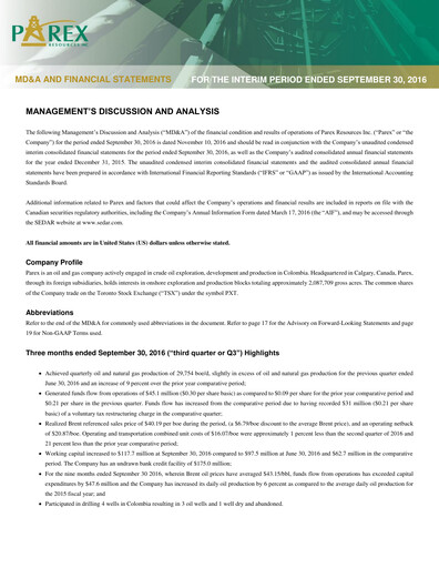 Thumbnail Parex Resources Quarterly Report 2016-q3