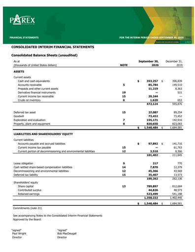Thumbnail Parex Resources Quarterly Report 2020-q3