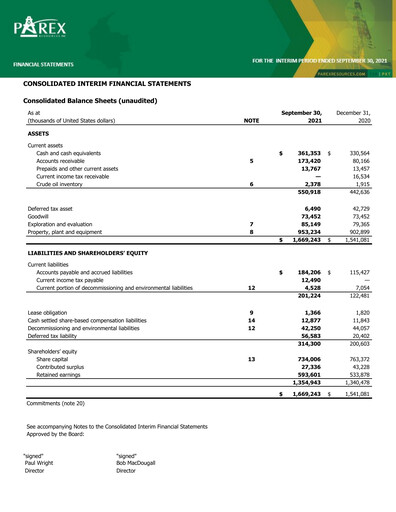 Thumbnail Parex Resources Quarterly Report 2021-q3