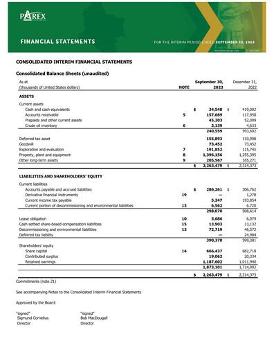 Thumbnail Parex Resources Quarterly Report 2023-q3