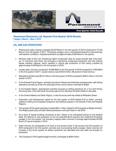 Miniature Paramount Resources Rapport trimestriel 2018-q1