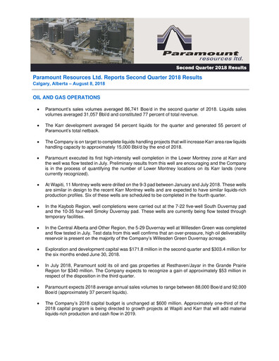 Miniature Paramount Resources Rapport trimestriel 2018-q2