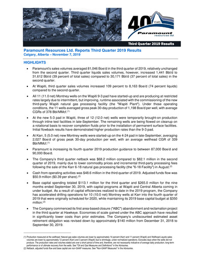 Miniature Paramount Resources Rapport trimestriel 2019-q3