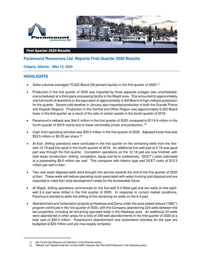 Miniature Paramount Resources Rapport trimestriel 2020-q1