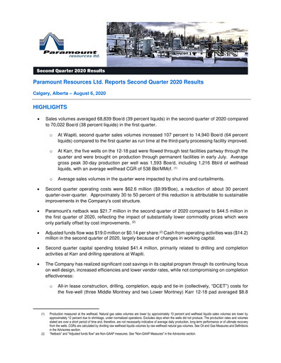 Miniature Paramount Resources Rapport trimestriel 2020-q2