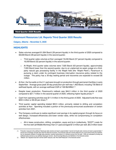 Miniature Paramount Resources Rapport trimestriel 2020-q3
