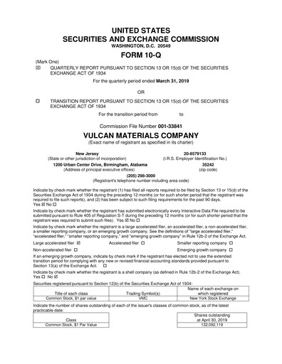 Miniature Vulcan Materials Rapport trimestriel 2019-q1