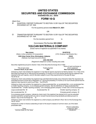 Miniature Vulcan Materials Rapport trimestriel 2021-q1