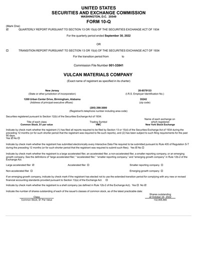 Miniature Vulcan Materials Rapport trimestriel 2022-q3