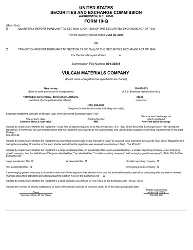 Miniature Vulcan Materials Rapport trimestriel 2023-q2