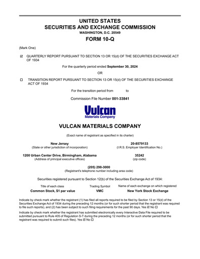 Miniature Vulcan Materials Rapport trimestriel 2024-q3