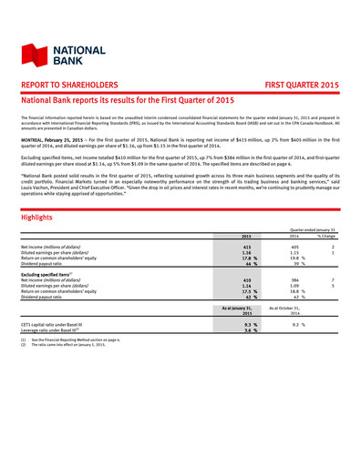 Thumbnail National Bank of Canada
 Quarterly Report 2015-q1