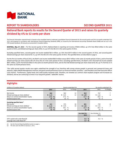 Thumbnail National Bank of Canada
 Quarterly Report 2015-q2