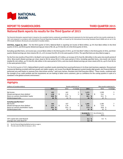 Thumbnail National Bank of Canada
 Quarterly Report 2015-q3