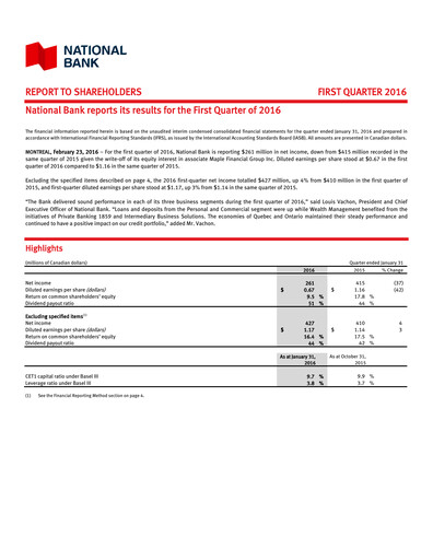 Thumbnail National Bank of Canada
 Quarterly Report 2016-q1
