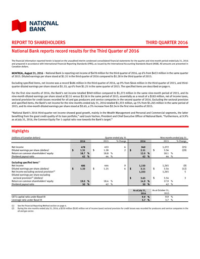 Thumbnail National Bank of Canada
 Quarterly Report 2016-q3