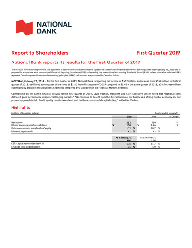 Thumbnail National Bank of Canada
 Quarterly Report 2019-q1