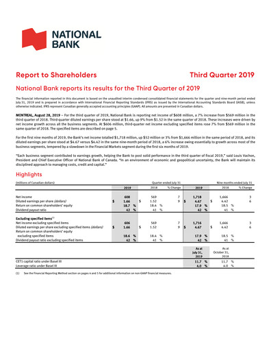 Thumbnail National Bank of Canada
 Quarterly Report 2019-q3