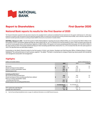 Thumbnail National Bank of Canada
 Quarterly Report 2020-q1