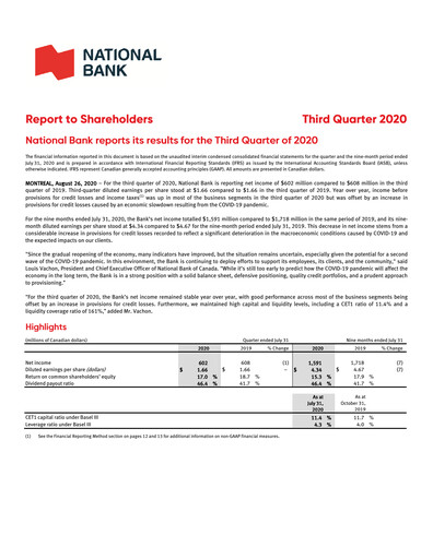Thumbnail National Bank of Canada
 Quarterly Report 2020-q3