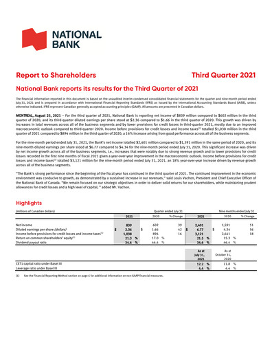 Thumbnail National Bank of Canada
 Quarterly Report 2021-q3