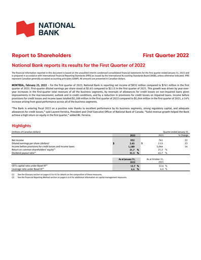 Thumbnail National Bank of Canada
 Quarterly Report 2022-q1