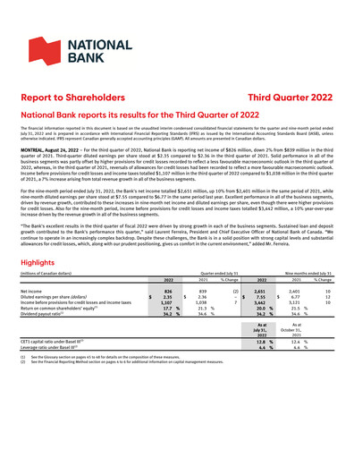 Thumbnail National Bank of Canada
 Quarterly Report 2022-q3