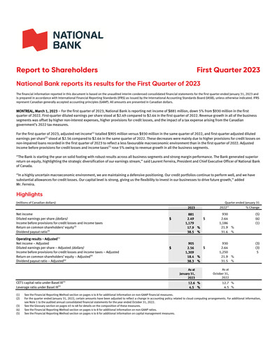 Thumbnail National Bank of Canada
 Quarterly Report 2023-q1