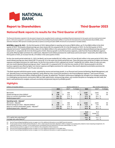 Thumbnail National Bank of Canada
 Quarterly Report 2023-q3